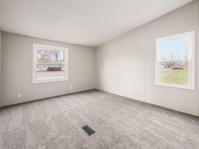 carpeted spare room with a textured ceiling