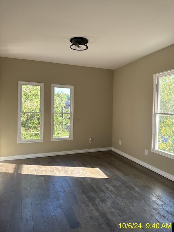 spare room with a wealth of natural light and dark wood-type flooring