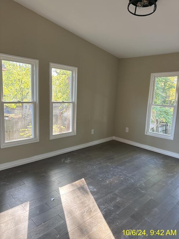 spare room featuring plenty of natural light, dark wood-type flooring, and vaulted ceiling