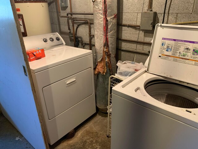 laundry room featuring washing machine and dryer and water heater