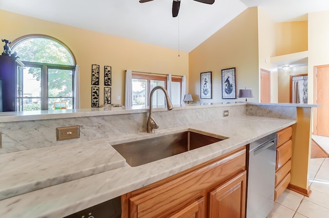 kitchen featuring dishwasher, plenty of natural light, sink, and vaulted ceiling