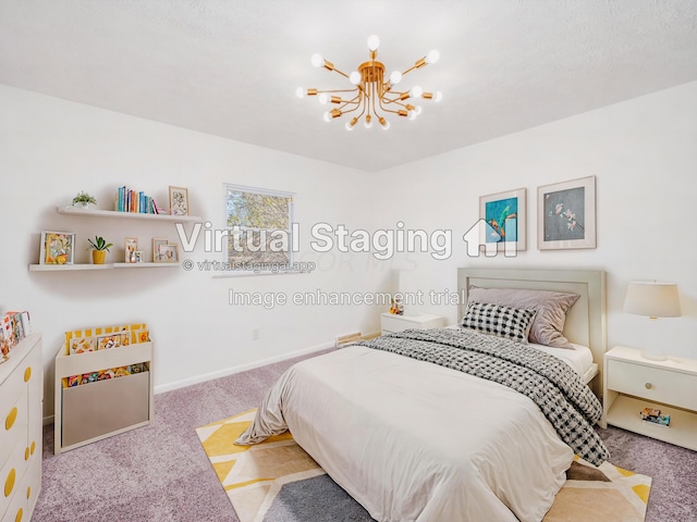 carpeted bedroom with a notable chandelier