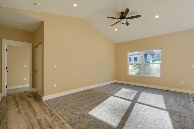 32360 Redbud Ln, Logan, OH 43138 - unfurnished room with lofted ceiling, a smoke detector, ceiling fan, recessed lighting, and wood finished floors