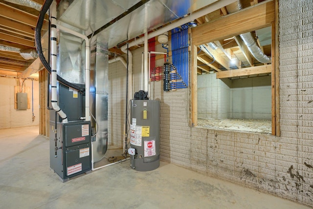 32360 Redbud Ln, Logan, OH 43138 - utility room featuring gas water heater, electric panel, and heating unit