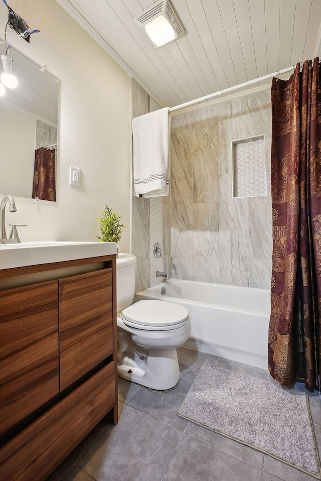 full bathroom featuring tile patterned floors, wood ceiling, vanity, shower / tub combo with curtain, and toilet