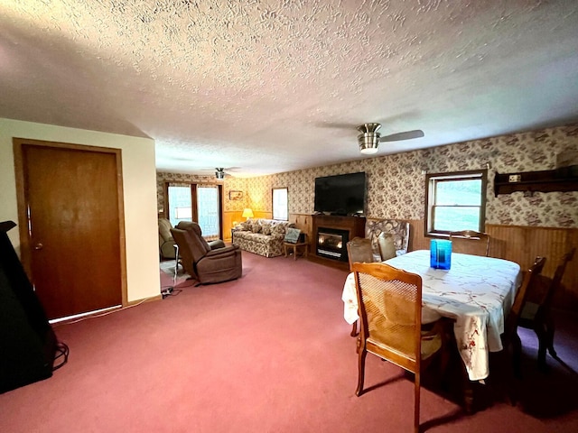 carpeted dining space featuring ceiling fan and a textured ceiling