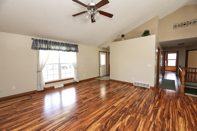 unfurnished living room featuring wood finished floors, visible vents, and ceiling fan