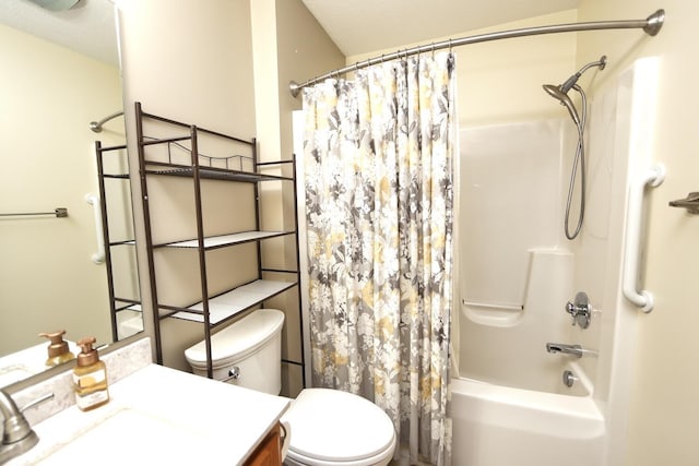 bathroom with toilet, vanity, and shower / bathtub combination with curtain