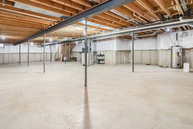 basement with heating unit and water heater