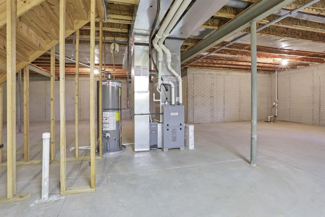 unfinished basement with water heater, brick wall, and heating unit