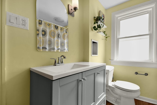 bathroom with hardwood / wood-style flooring, vanity, and toilet