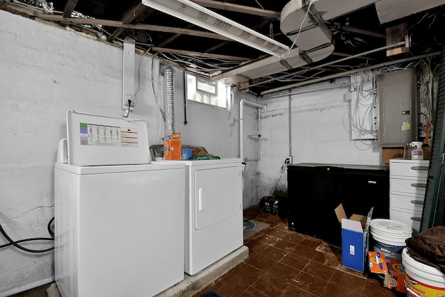 clothes washing area with electric panel and washer and clothes dryer