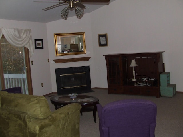 living room featuring light carpet and ceiling fan