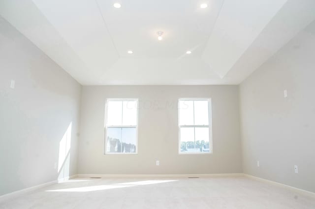 carpeted spare room featuring a raised ceiling