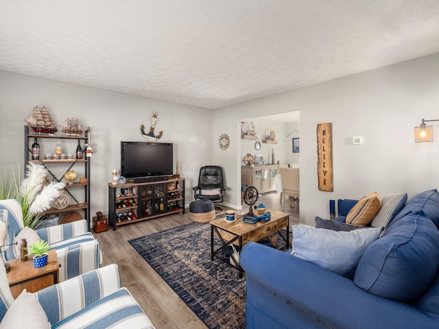 living room with wood-type flooring and a textured ceiling