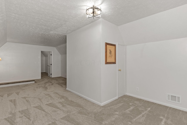 additional living space with light carpet, a textured ceiling, and vaulted ceiling