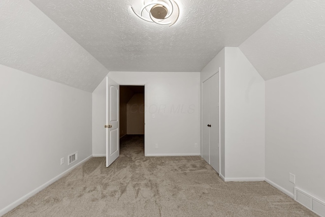 additional living space featuring lofted ceiling, light colored carpet, and a textured ceiling