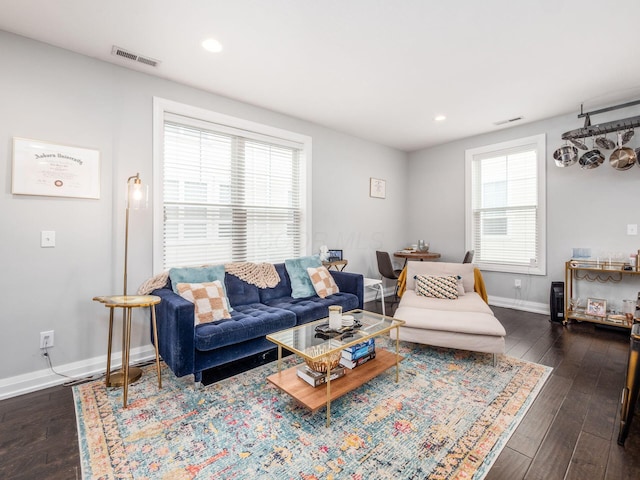 living room with dark wood-type flooring