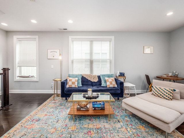 living room with dark hardwood / wood-style flooring