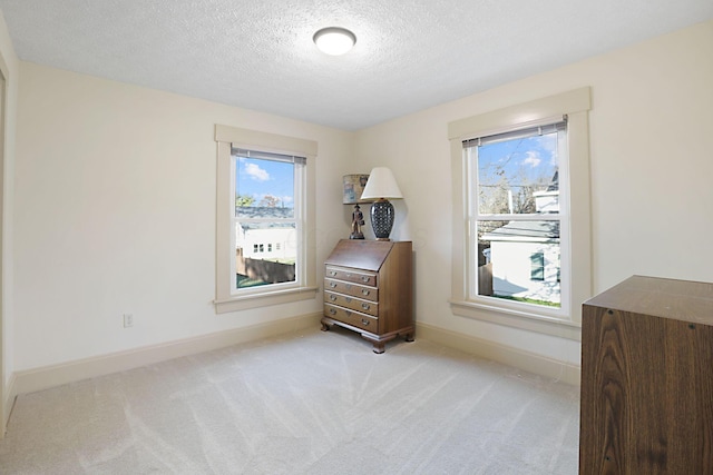 bedroom with multiple windows, light carpet, and a textured ceiling