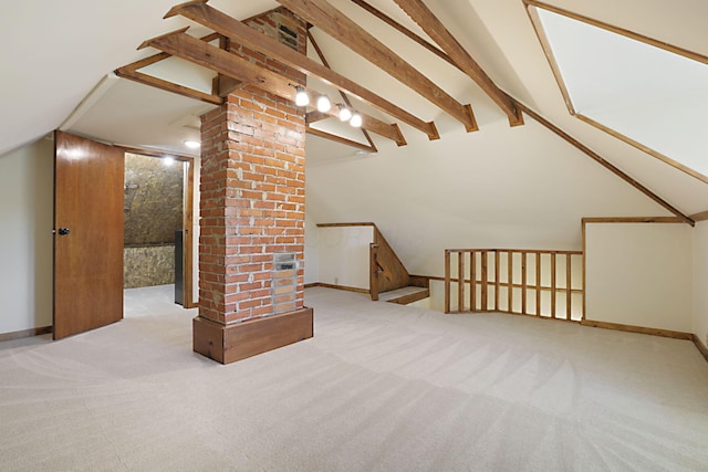 bonus room featuring vaulted ceiling with beams and light carpet