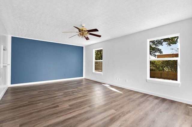 spare room featuring a textured ceiling, dark hardwood / wood-style floors, and plenty of natural light