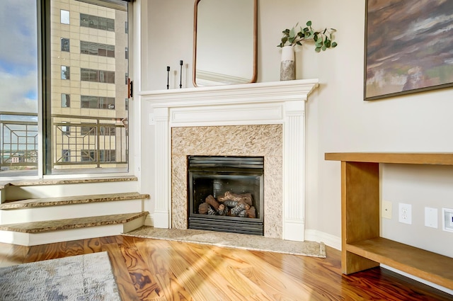 interior space with a premium fireplace and hardwood / wood-style floors