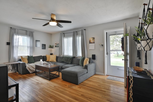 living room featuring a textured ceiling, light hardwood / wood-style floors, and ceiling fan