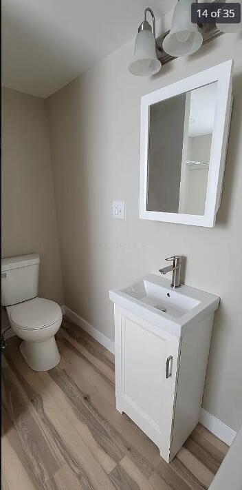 bathroom with vanity, hardwood / wood-style flooring, and toilet