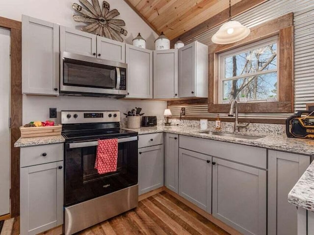 kitchen featuring appliances with stainless steel finishes, wood ceiling, sink, pendant lighting, and lofted ceiling