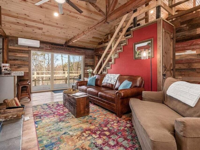 living room featuring lofted ceiling with beams, light hardwood / wood-style floors, wood ceiling, and an AC wall unit