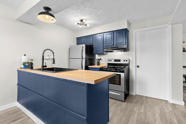 kitchen featuring a textured ceiling, light hardwood / wood-style floors, sink, and stainless steel appliances