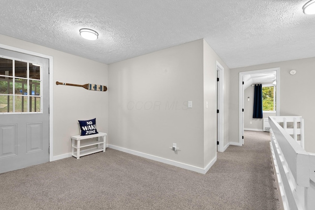 unfurnished room with carpet and a textured ceiling