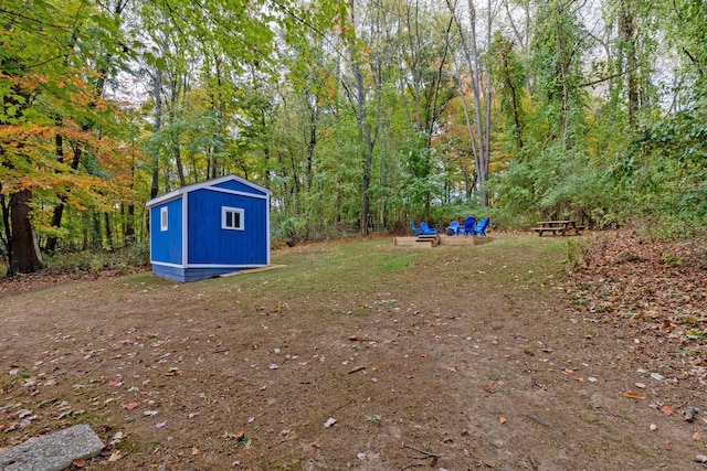 view of yard featuring a storage unit