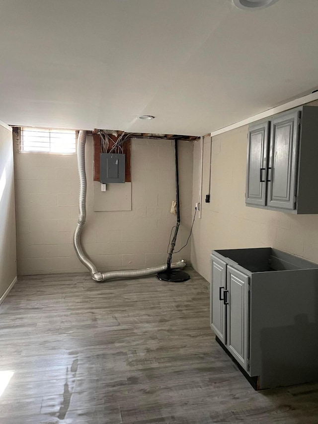 basement featuring hardwood / wood-style floors and electric panel