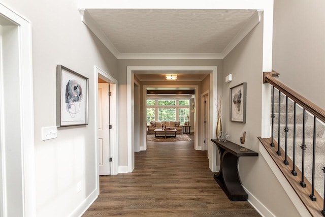 hall featuring crown molding and dark wood-type flooring