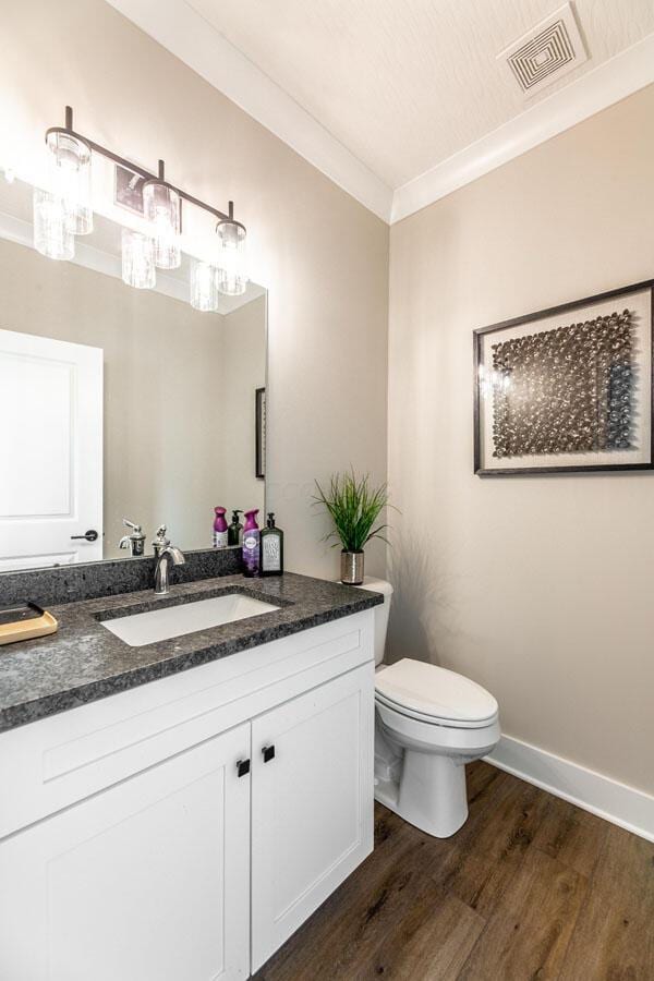 bathroom with toilet, vanity, wood-type flooring, and ornamental molding