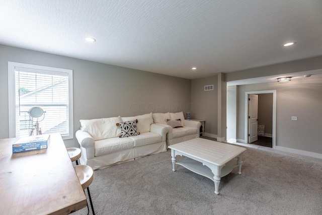 carpeted living room with a textured ceiling