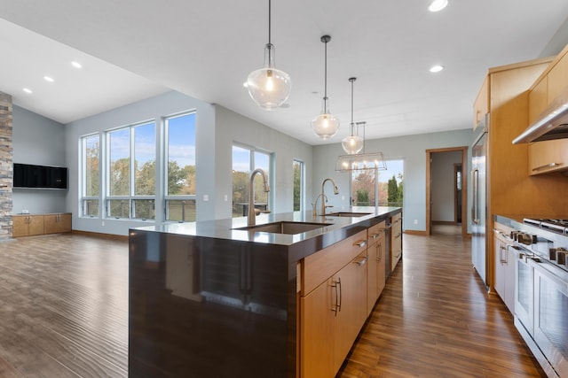 kitchen featuring high end appliances, a kitchen island with sink, dark wood-type flooring, sink, and decorative light fixtures