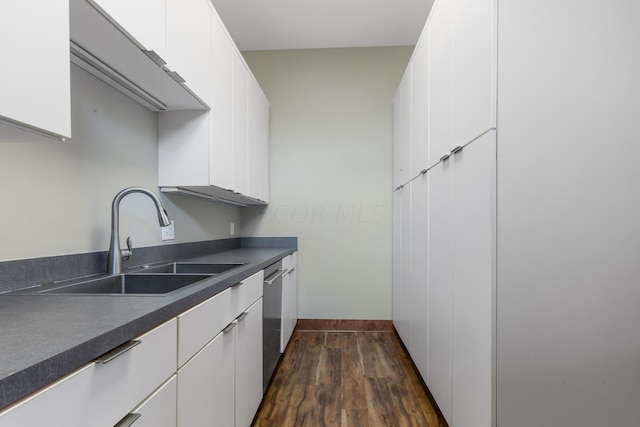 kitchen featuring dishwasher, white cabinetry, dark wood-type flooring, and sink