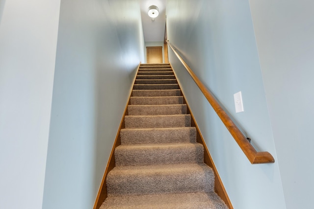 stairs featuring carpet flooring