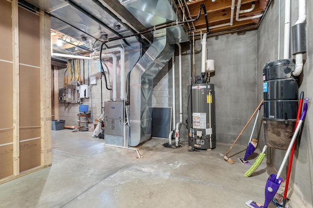 utility room featuring electric panel, water heater, and heating unit