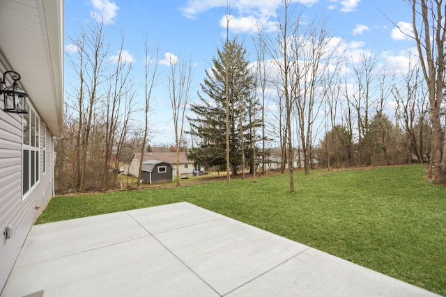 view of yard with a patio and a storage unit