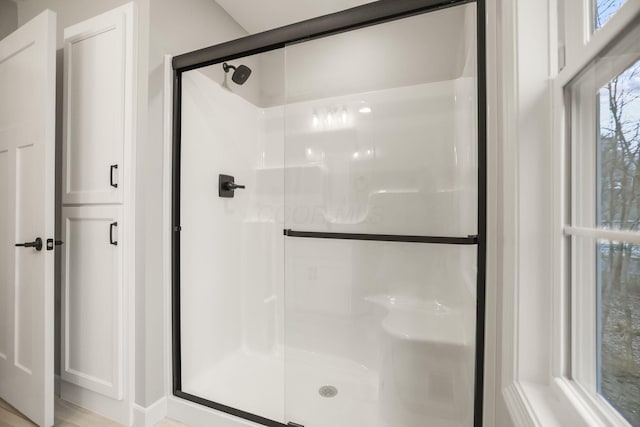 bathroom with a shower with shower door