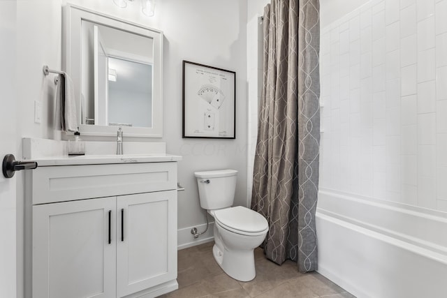 full bathroom with toilet, shower / tub combo with curtain, vanity, and tile patterned flooring