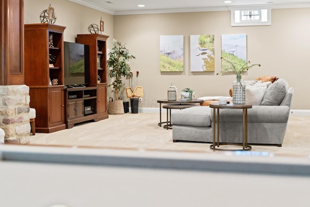 living room with crown molding