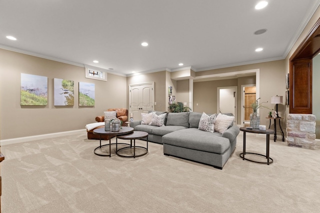 living room featuring ornamental molding and light carpet