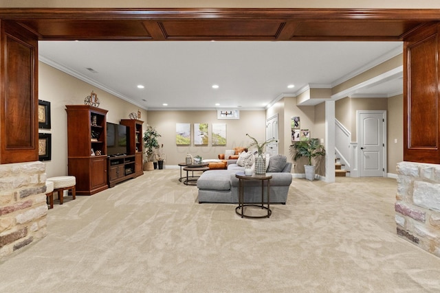 living room featuring ornamental molding and light carpet