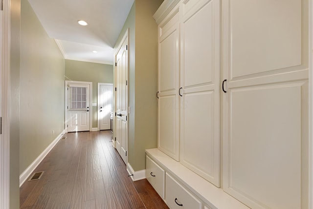 mudroom featuring ornamental molding and dark wood-type flooring