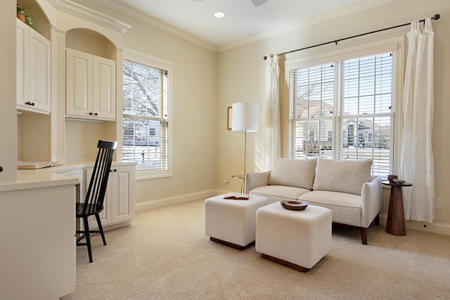 living room featuring crown molding and light colored carpet